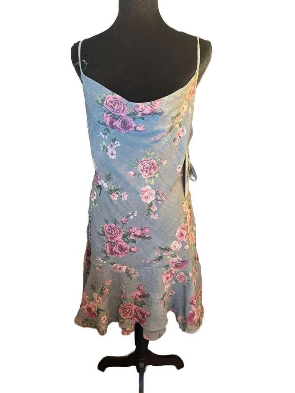 Emerald Sundae Gray Floral Spaghetti Strap Ruffle Hem Mini Dress Size Medium